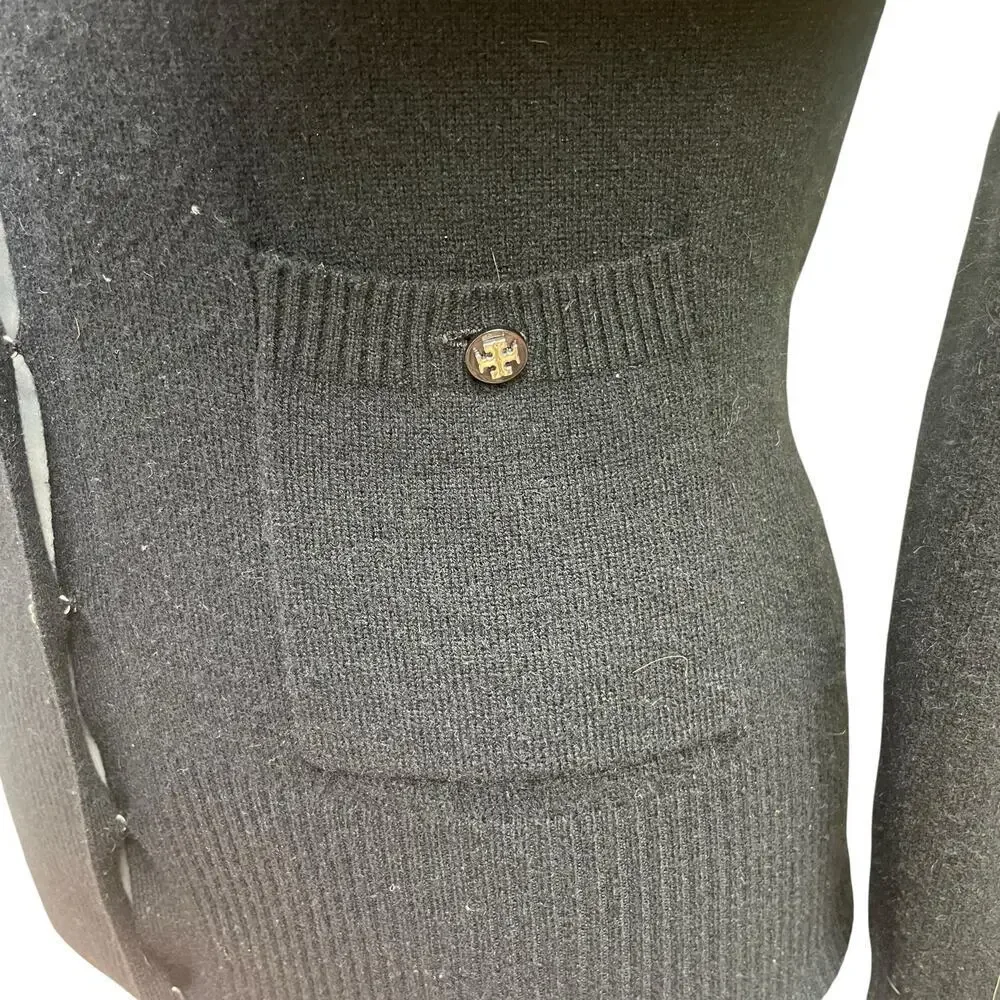 Tory Burch 100% Cashmere V-Neck Cardigan XS Black | Logo Buttons | 4 Pockets